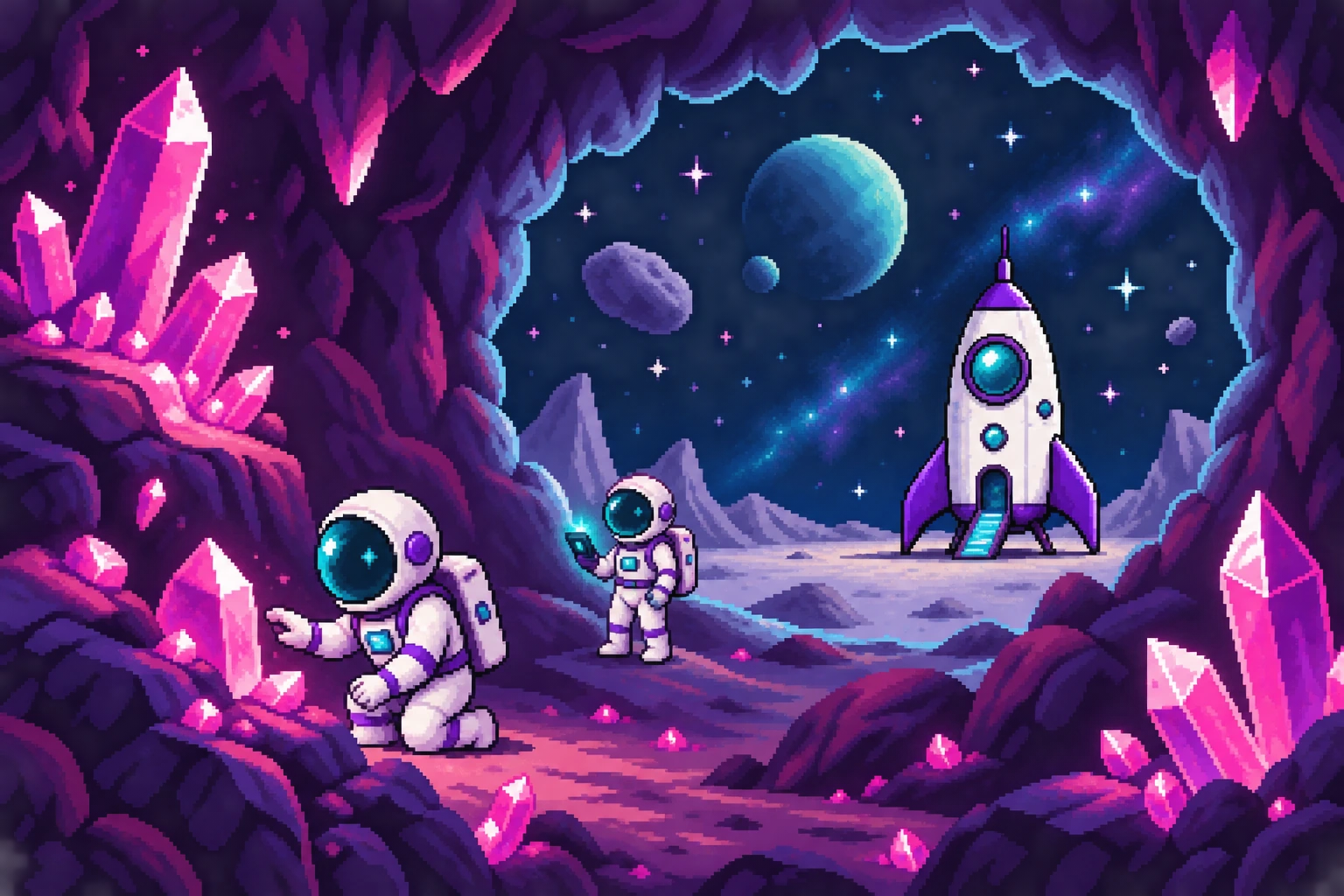 Pixel astronauts discovering magenta crystals in an asteroid cave beside their rocket