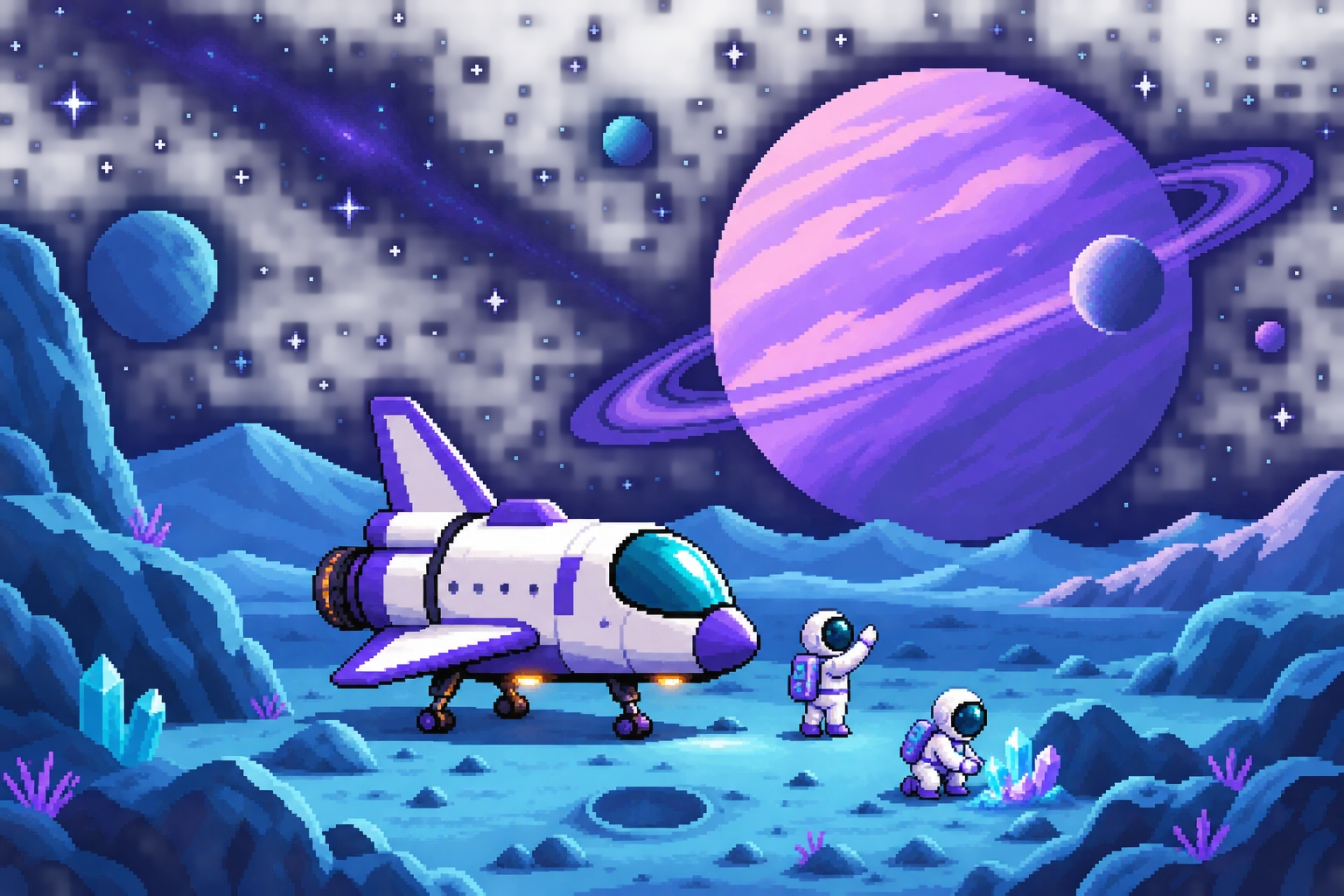 Two pixel astronauts and a shuttle on a quiet blue moon beneath a lavender planet