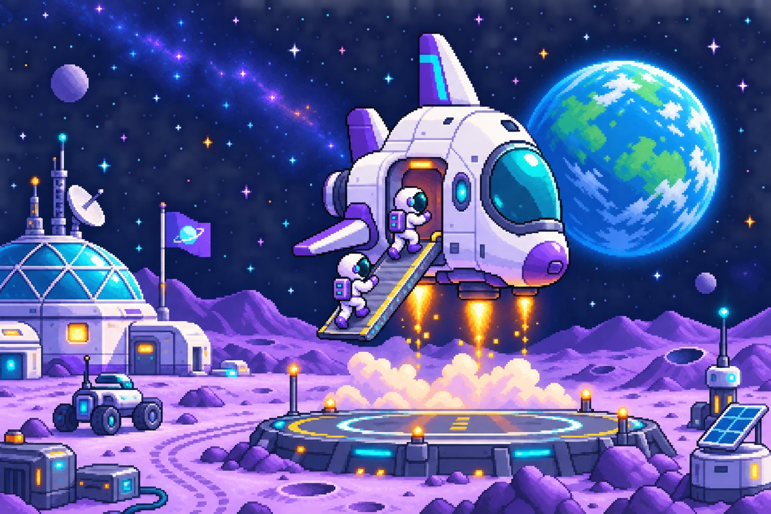 Two pixel astronauts boarding a shuttle above a violet moon base