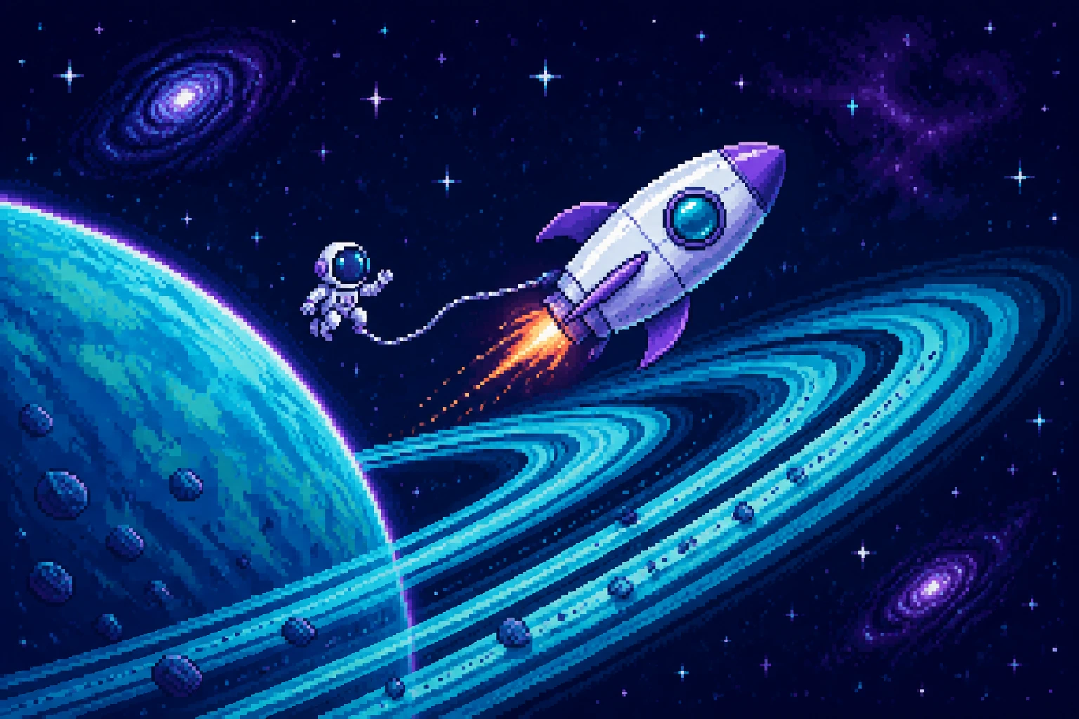 A pixel-art rocket and astronaut setting out through a planet’s cyan rings